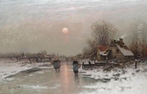 Dutch Peasants On A Frozen Waterway At Sundown Dutch Peasants On A Frozen Waterway At Sundown
