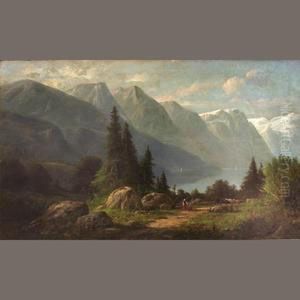 Figures And Cattle On A Path Near An Alpine Lake