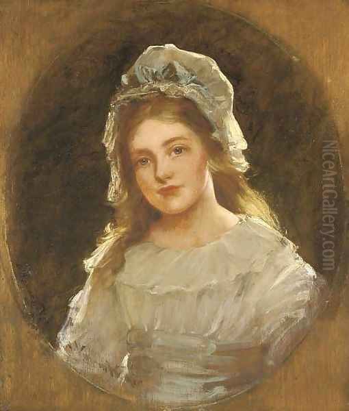 Portrait of a girl, possibly the artist's daughter Dorothy, half-length, wearing a white dress and bonnet, and a blue sash - view 1