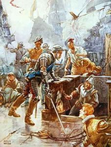 Then cried he, with a proud pale lip, Ho gunner, split and sink the ship, illustration from Ballads of Famous Fights, c.1900 by Archibald Webb