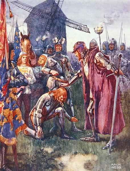 The Prince to his Father kneels lowly: His is the battle - his wholly illustration from Ballads of Famous Fights, c.1900 - view 1