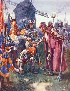 The Prince to his Father kneels lowly: His is the battle - his wholly illustration from Ballads of Famous Fights, c.1900 by Archibald Webb