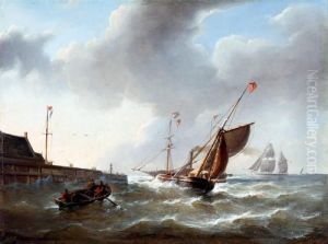 Zeilschepen En Stoomschip Bij Havenmonding by Christiaan Cornelis Kannemans