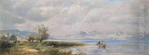 Wolkenverhangene Seelandschaft Mit Fischern Im Boot Vor Gebirgskulisse Wolkenverhangene Seelandschaft Mit Fischern Im Boot Vor Gebirgskulisse