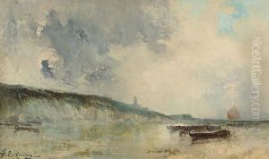 Fischerboote Vor Einer Steilkuste. by Jean-Etienne Karnec