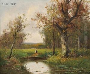 Meadow With Birches And Figures By A Pond by Adolf Kaufmann