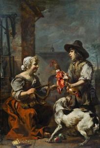 Fleischverkaufer Mit Dame Und Hund