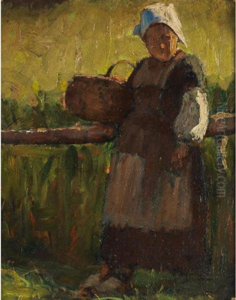 Woman With Basket In A Field; Woman Knitting by Jacob Simon Hendrik Kever