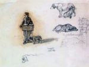 A Sketchbook Sheet Of Studies Of Dogs And A Street Musician by Friedrich Wilhelm Keyl
