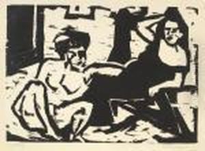 Nackte Und Bekleidete Frau - Frauen Im Atelier by Ernst Ludwig Kirchner