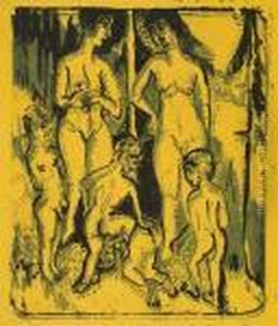 Spielende Nackte Kinder - Zwei Frauen Und Vier Kinder by Ernst Ludwig Kirchner