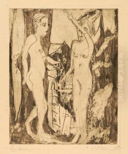 Zwei Stehende Nackte Madchen Vor Tanne Am Bergabhang by Ernst Ludwig Kirchner