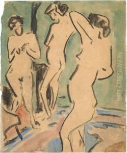 Drei Nackte Madchen Im Raum - Drei Akte Im Zimmer by Ernst Ludwig Kirchner