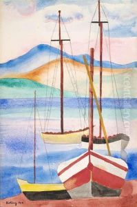 Sailing Boats In A Harbour by Jean Kisling