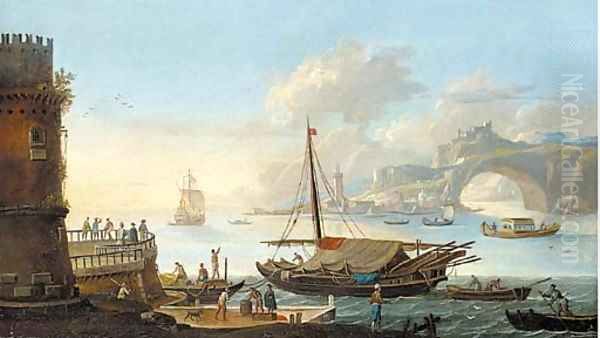 A capriccio of a Mediterranean harbour with stevedores on a quay by a galley - view 1