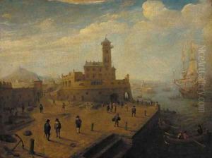 A mediteranean harbour with figures on a quay