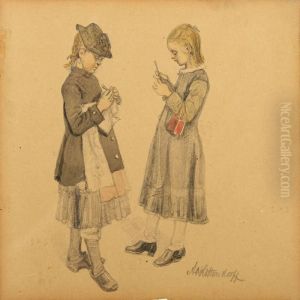Two Girls Knitting by Johann Adolf Kittendorff