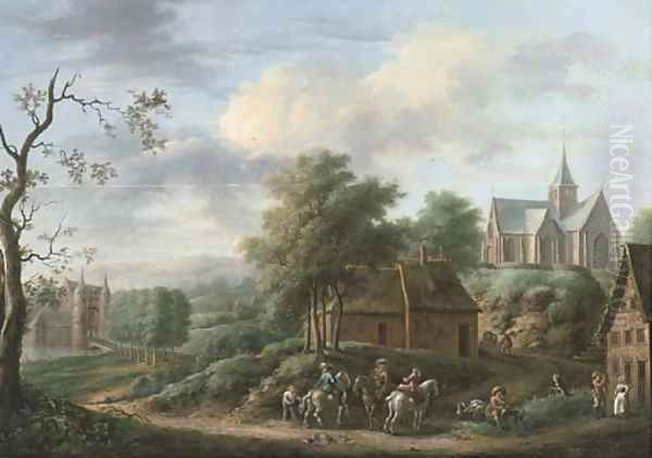 A wooded landscape with a riding party on a track near an inn, a castle and a church beyond - view 1