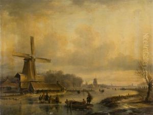 Paysage De Riviere Gelee Pres D'un Moulin