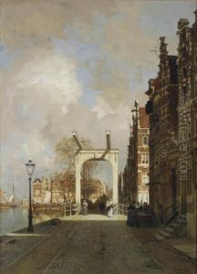 Drawbridge Along The River Amstel, Amsterdam by Johannes Christiaan Karel Klinkenberg