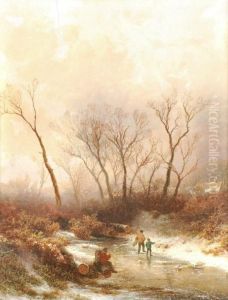 Figures In A Winter Landscape by Pieter Lodewijk Francisco Kluyver