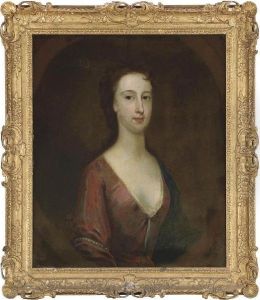 Portrait Of A Lady, Bust-length, In A Red Dress And Blue Wrap