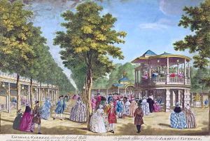 View of the Grand Walk at the entrance of Vauxhall Pleasure Gardens with the orchestra playing, engraved by Muller by Samuel Wale