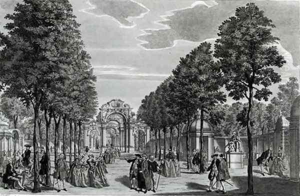 The Triumphal Arches, Handel's Statue in the South Walk of Vauxhall Gardens, engraved by John S. Muller - view 1