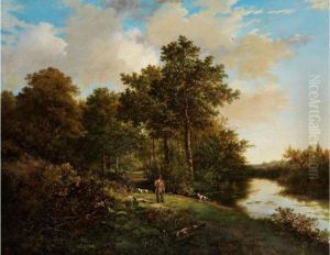 Zwei Jager Mit Flinten Und Jagdhunden An Einer Waldlichtung Neben Einem Moorteich by Barend Cornelis Koekkoek