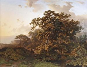 A Forest With Figures On A Path In A Hilly Landscape by Barend Cornelis Koekkoek