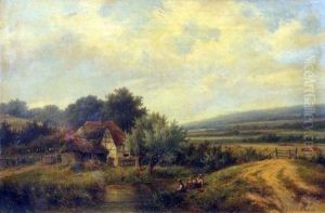 Tranquil River Landscape With Figures Fishing From The Bank, Cottage Beyond by Hendrik Pieter Koekkoek