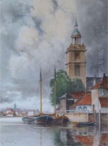 Canal Scene With Moored Boats Amsterdam by Hermanus Jr. Koekkoek