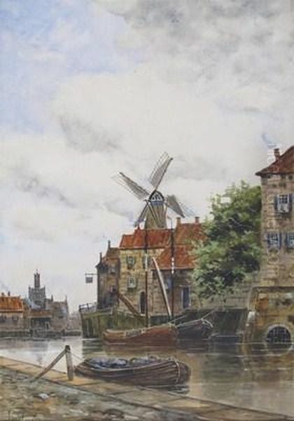 Barges On A Canal, A Windmill Beyond - view 1