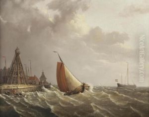 Ships In Stormy Weather Near The Coast by Johannes Hermann Barend Koekkoek
