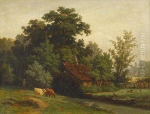 Landliche Idylle Mit Bauer Und Kuhen by Johannes Hermann Barend Koekkoek