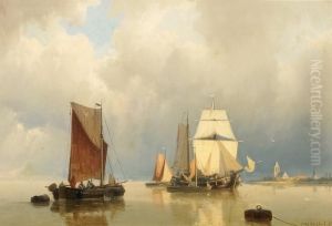 Dutch Fishermen On A Calm Sea by Johannes Hermann Barend Koekkoek