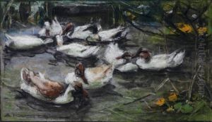 Neun Weisse Enten Im Wasser by Alexander Max Koester