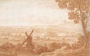An extensive panoramic landscape with a windmill by Jan Baptist Weenix