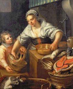 A Kitchen Scene by Jeremias van Winghen or Wingen