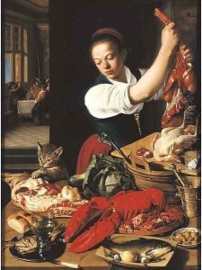 A kitchen interior with a maid preparing meat and gentlemen drinking at a table beyond thumbnail