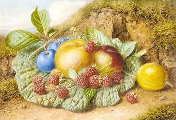 Still life with nectarines, raspberries and plums on a mossy bank - view 1