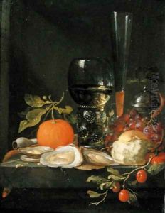 Still Life of Oysters, Grapes, Bread and Glasses on a Ledge by Jacob van Walscapelle