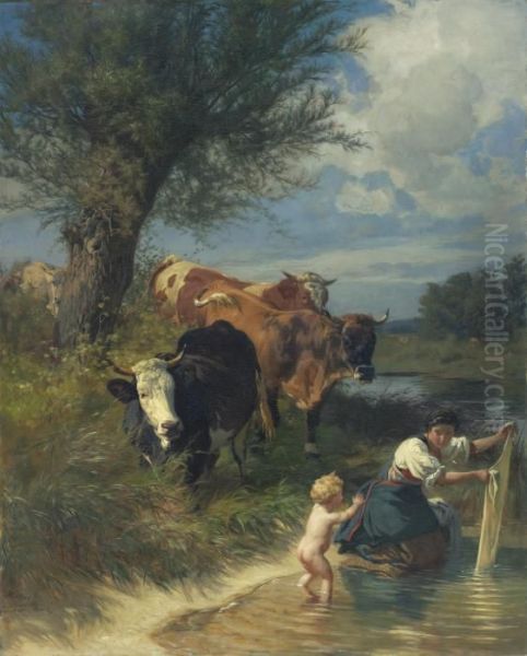 Cows And Washerwoman Near A Brook - view 1