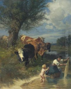 Cows And Washerwoman Near A Brook by Rudolf Koller