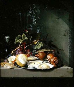 Still life of oysters and a peeled lemon on a ledge by Jacob van Walscapelle