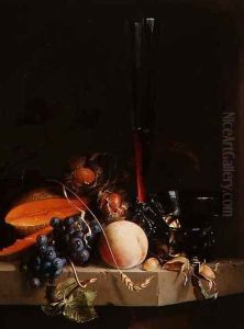 Still life of fruit on a ledge with a roemer and a wine glass by Jacob van Walscapelle