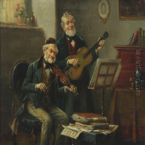 Interior With Music Making Gentlemen by Lajos Kolozsvary