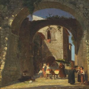 Italian City Scape With Monks And Priest In Conversation
