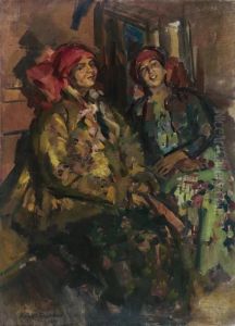 Two Girls In Peasant Costumes by Konstantin Alexeievitch Korovin