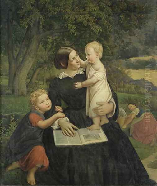 Emilie Marie Wasmann, the artists wife, with Elise and Erich, their oldest children, 1860 - view 1